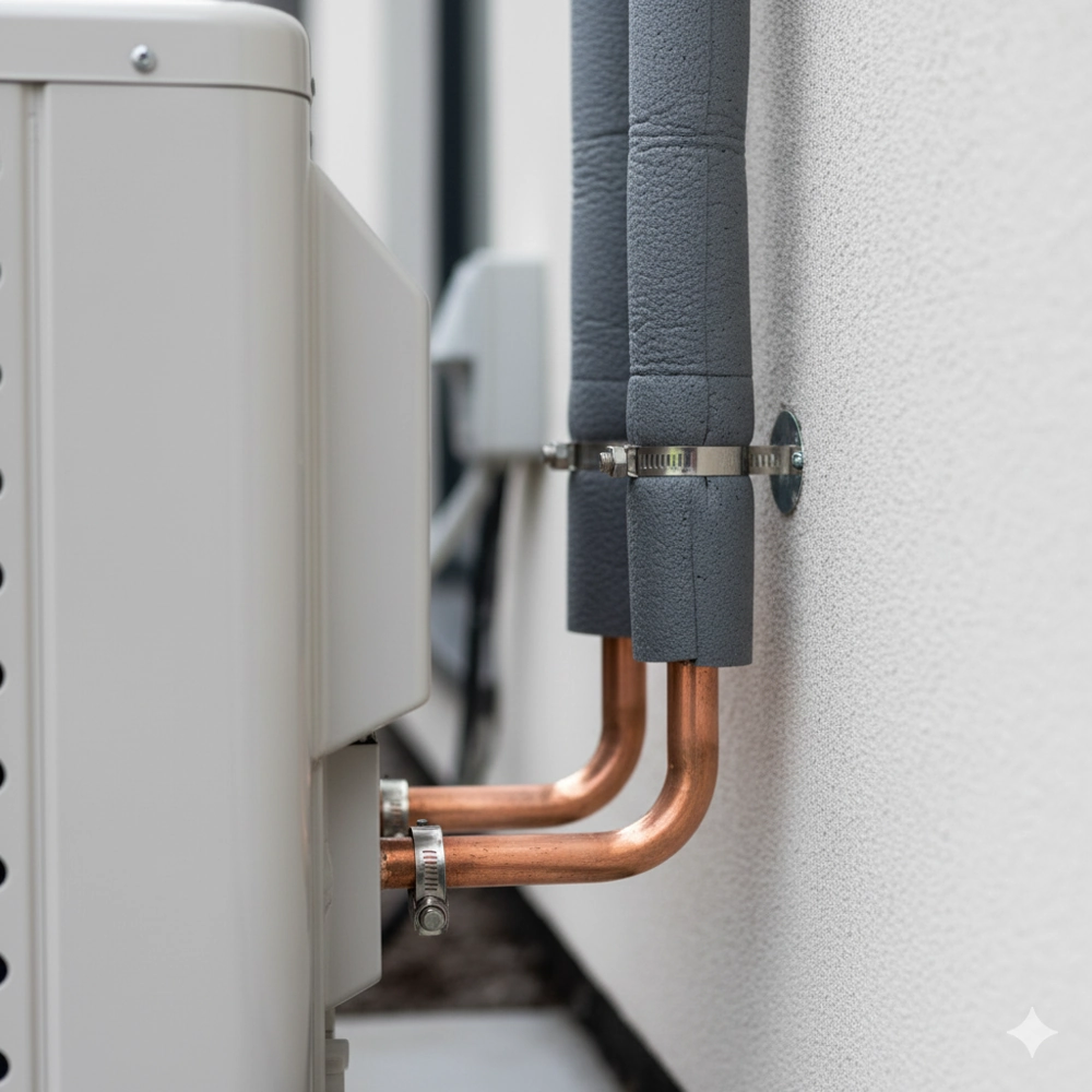 Izolowane miedziane przewody pompy ciepła montowane przy ścianie budynku